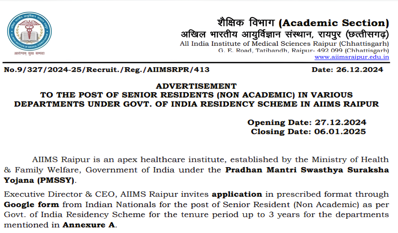 AIIMS Raipur Senior Resident Vacancies 2025 Out Notification